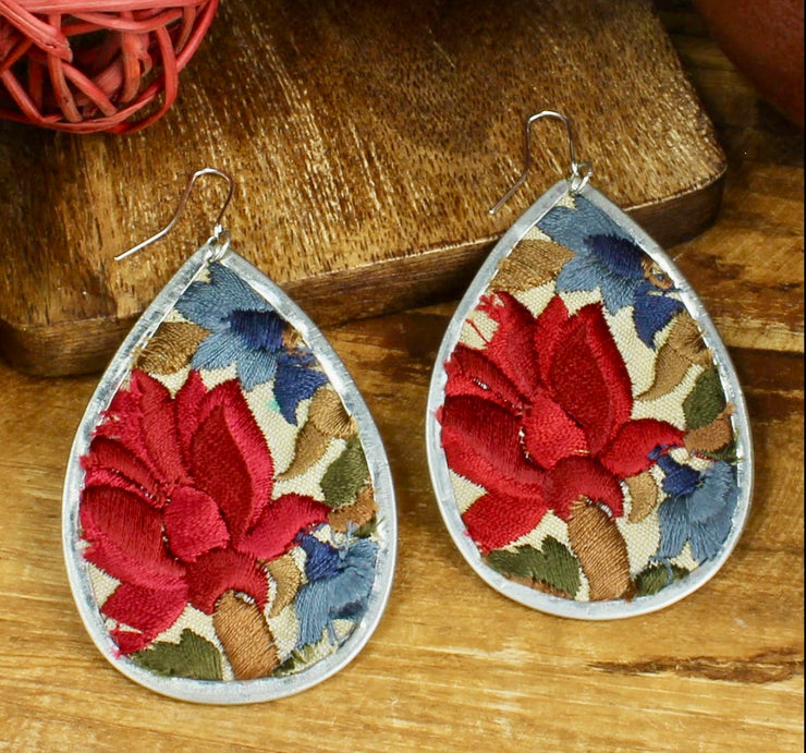 Red Floral Embroidered Silver Teardrop Earring