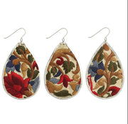 Red Floral Embroidered Silver Teardrop Earring