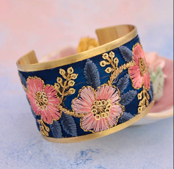 Pink, Blue & Gold Embroidered Cuff Bracelet