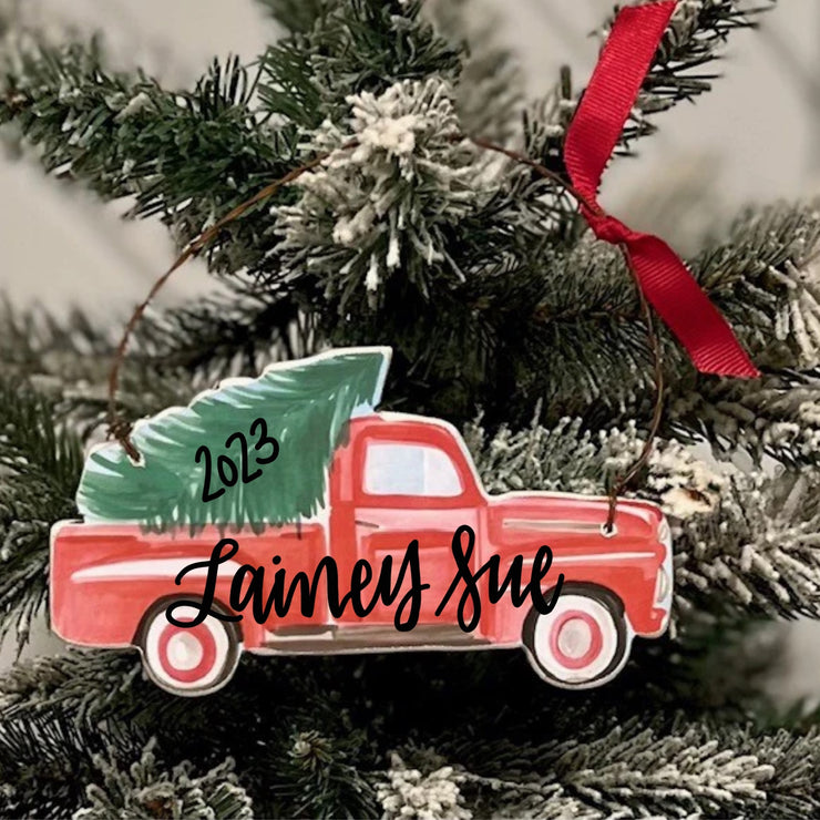 PERSONALIZED RED TRUCK WITH TREE - 'TIS THE SEASON - ORNAMENT