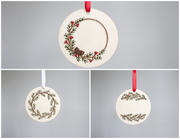4" WOOD EMBROIDERY WREATH ORNAMENT SET - PINE CONES