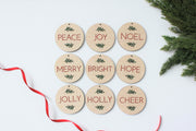 4" WOOD EMBROIDERY ORNAMENTS - HOLIDAY WORDS