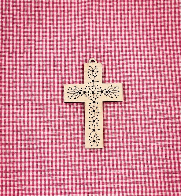 WOOD EMBROIDERY EASTER TAG/ORNAMENT - CROSS